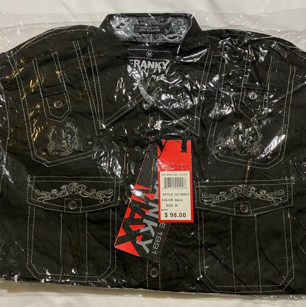Franky Max Men’s Embroidered w/ Paisley Trims Long Sleeve Shirt Size M Black - Picture 9 of 9